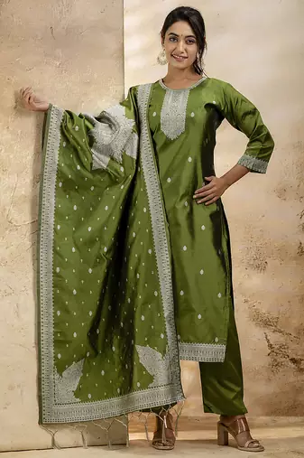 Cotton blend mehendi party wear weaving work kurta set