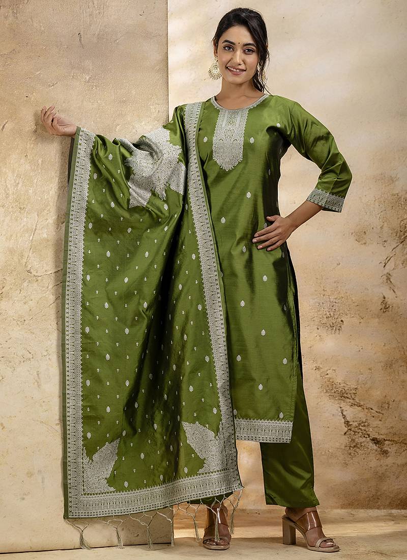 Cotton blend mehendi party wear weaving work kurta set