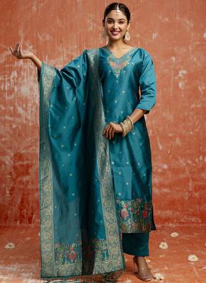 Cotton silk blend rama party wear zari work kurta set 1
