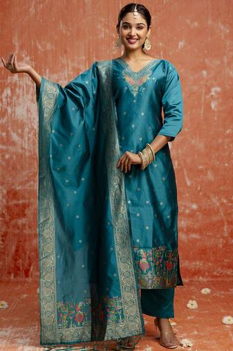 Cotton silk blend rama party wear zari work kurta set