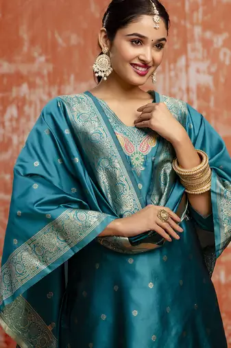 Cotton silk blend rama party wear zari work kurta set