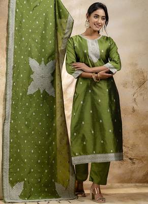 Cotton blend mehendi party wear weaving work kurta set 2