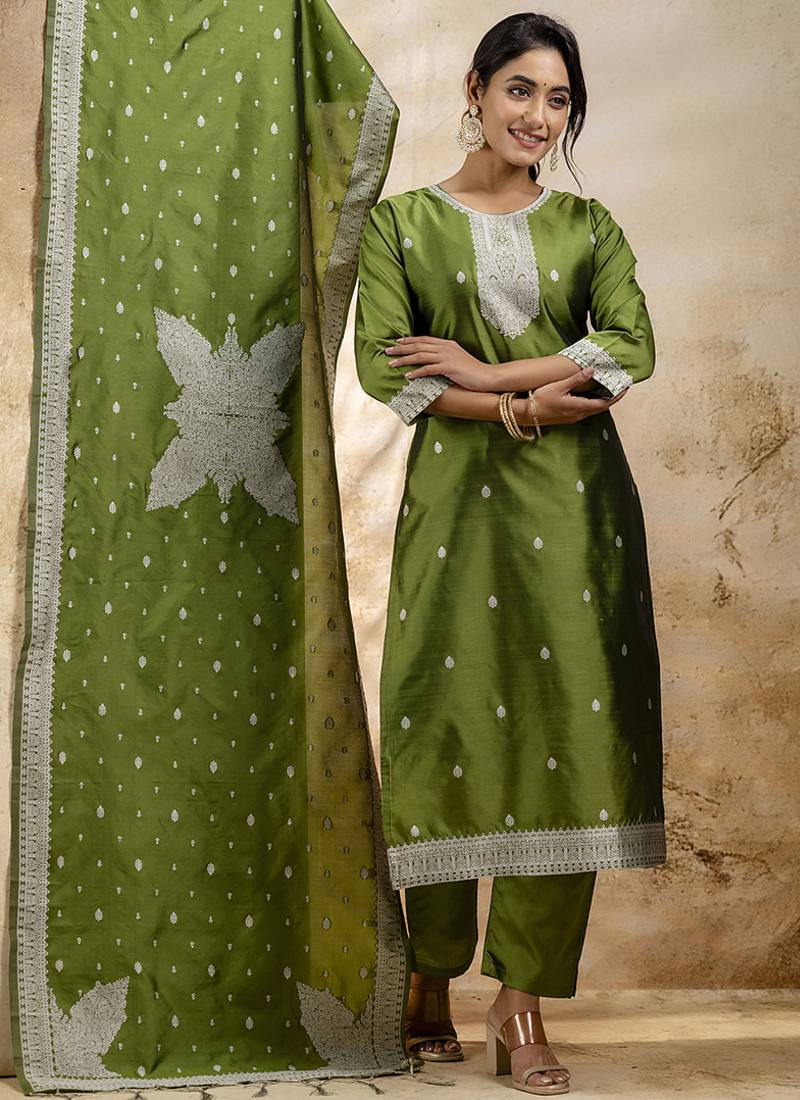 Cotton blend mehendi party wear weaving work kurta set