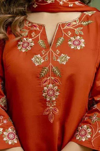 Silk blend rust orange party wear embroidery work kurta set