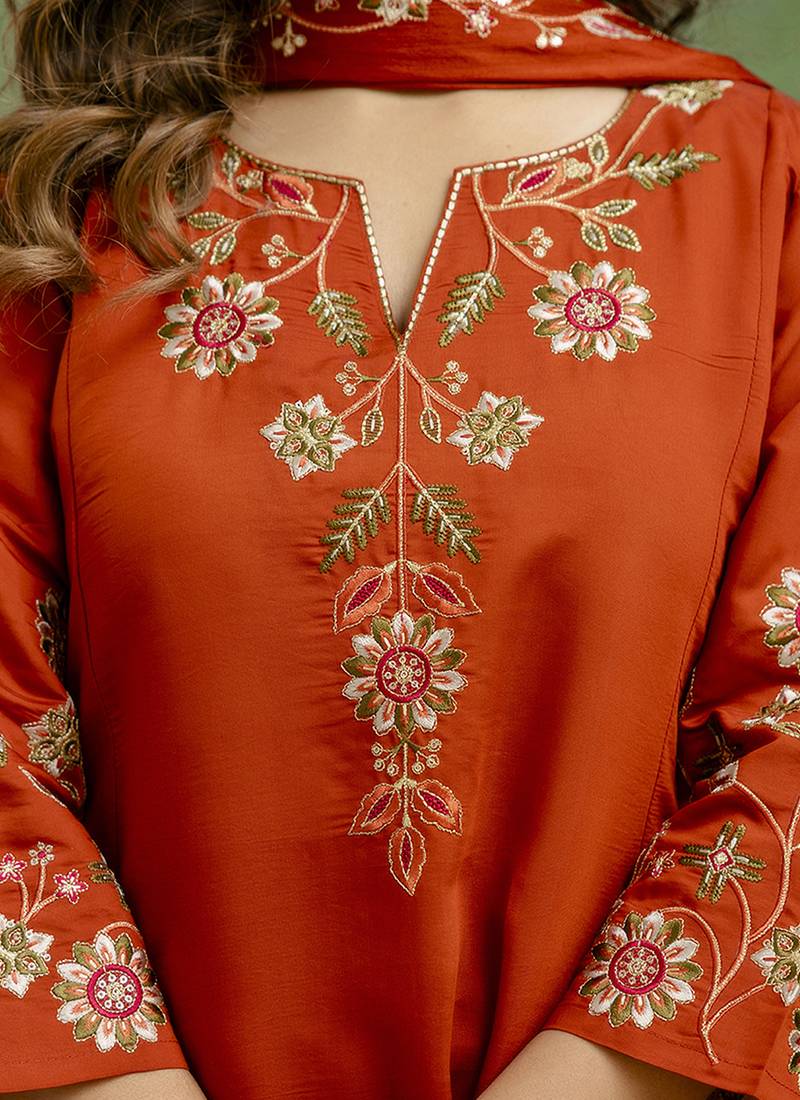 Silk blend rust orange party wear embroidery work kurta set