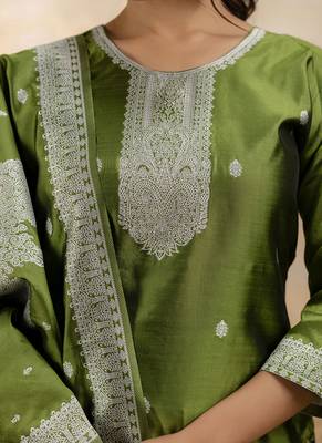 Cotton blend mehendi party wear weaving work kurta set 3