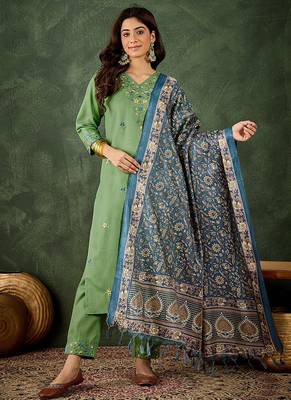 Cotton blend pista casual wear embroidery work kurta set 1
