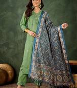 Cotton blend pista casual wear embroidery work kurta set