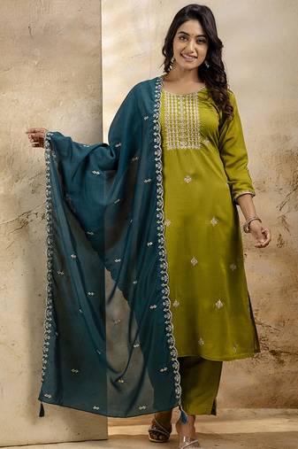 Silk blend mehendi party wear embroidery work kurta set