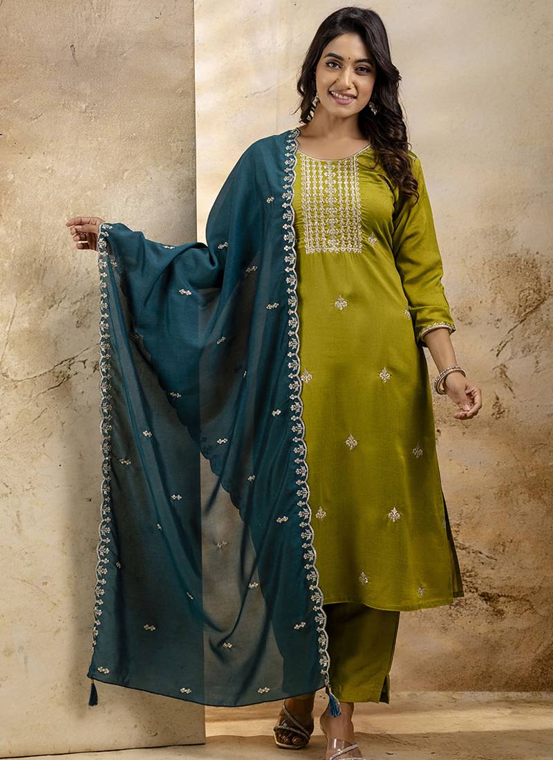 Silk blend mehendi party wear embroidery work kurta set