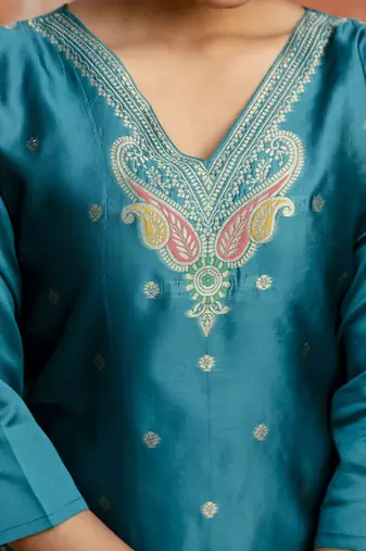 Cotton silk blend rama party wear zari work kurta set