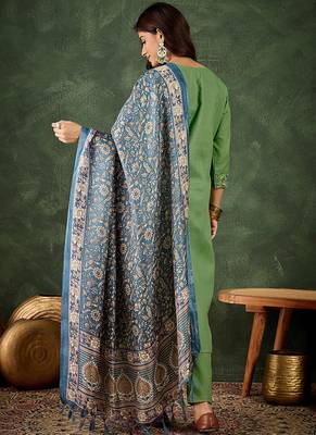 Cotton blend pista casual wear embroidery work kurta set 2