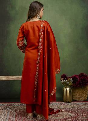 Silk blend rust orange party wear embroidery work kurta set 3