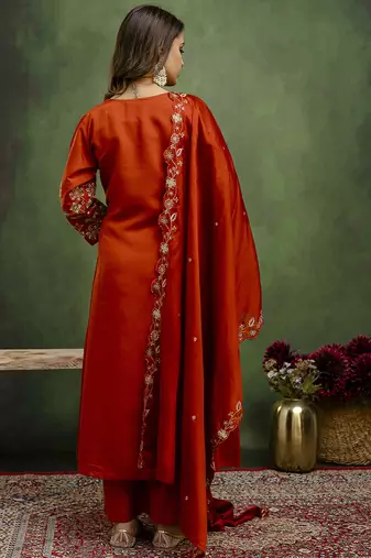 Silk blend rust orange party wear embroidery work kurta set
