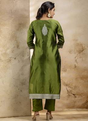 Cotton blend mehendi party wear weaving work kurta set 4