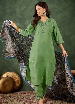 Cotton blend pista casual wear embroidery work kurta set 3