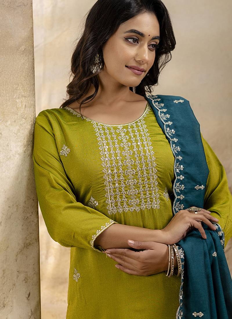 Silk blend mehendi party wear embroidery work kurta set