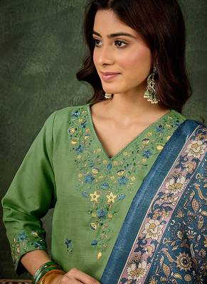 Cotton blend pista casual wear embroidery work kurta set 4