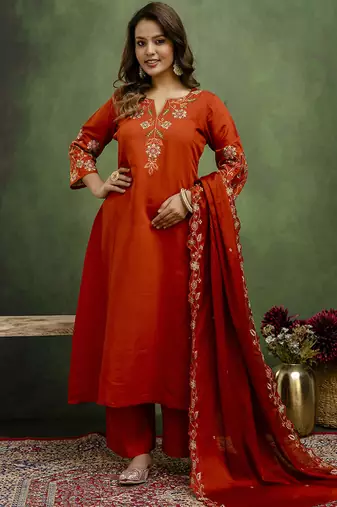 Silk blend rust orange party wear embroidery work kurta set