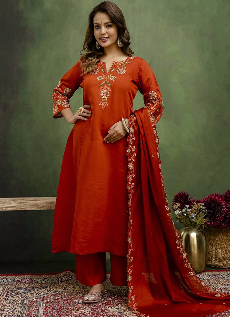 Silk blend rust orange party wear embroidery work kurta set
