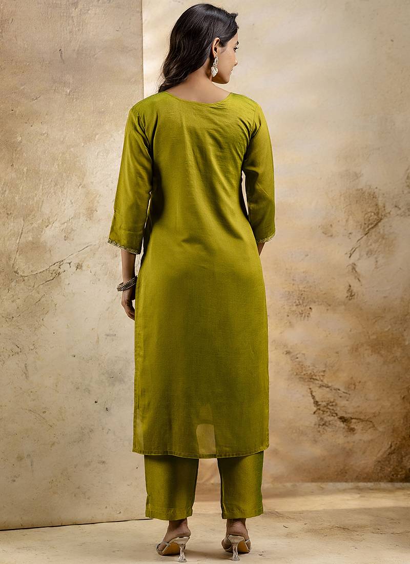 Silk blend mehendi party wear embroidery work kurta set