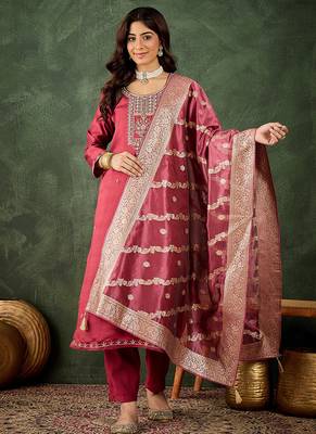 Viscose rayon pink casual wear embroidery work kurta set 1