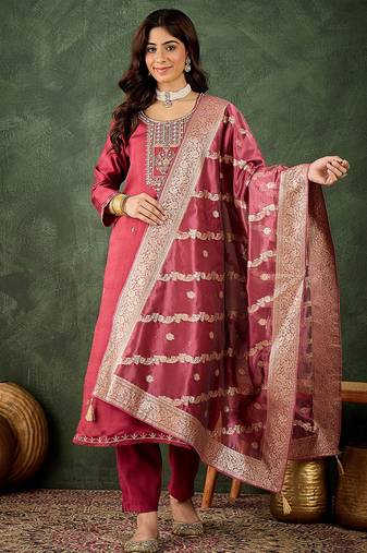 Viscose rayon pink casual wear embroidery work kurta set