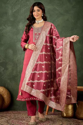 Viscose rayon pink casual wear embroidery work kurta set