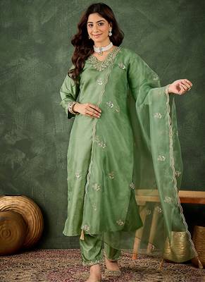 Silk blend pista casual wear embroidery work kurta set 1