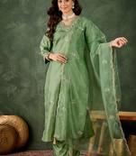 Silk blend pista casual wear embroidery work kurta set
