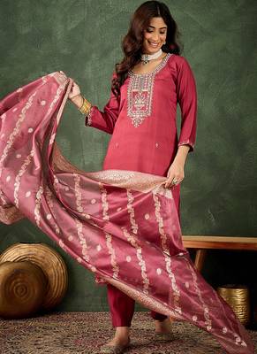 Viscose rayon pink casual wear embroidery work kurta set 3