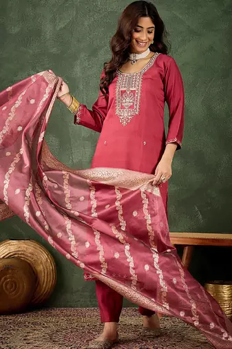 Viscose rayon pink casual wear embroidery work kurta set