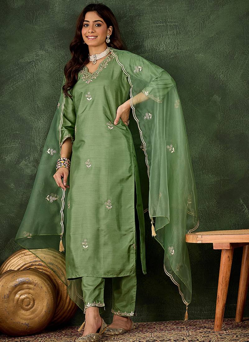 Silk blend pista casual wear embroidery work kurta set