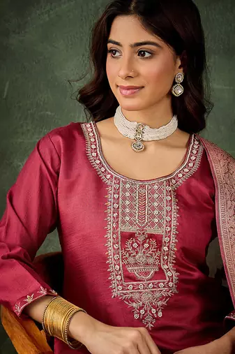 Viscose rayon pink casual wear embroidery work kurta set