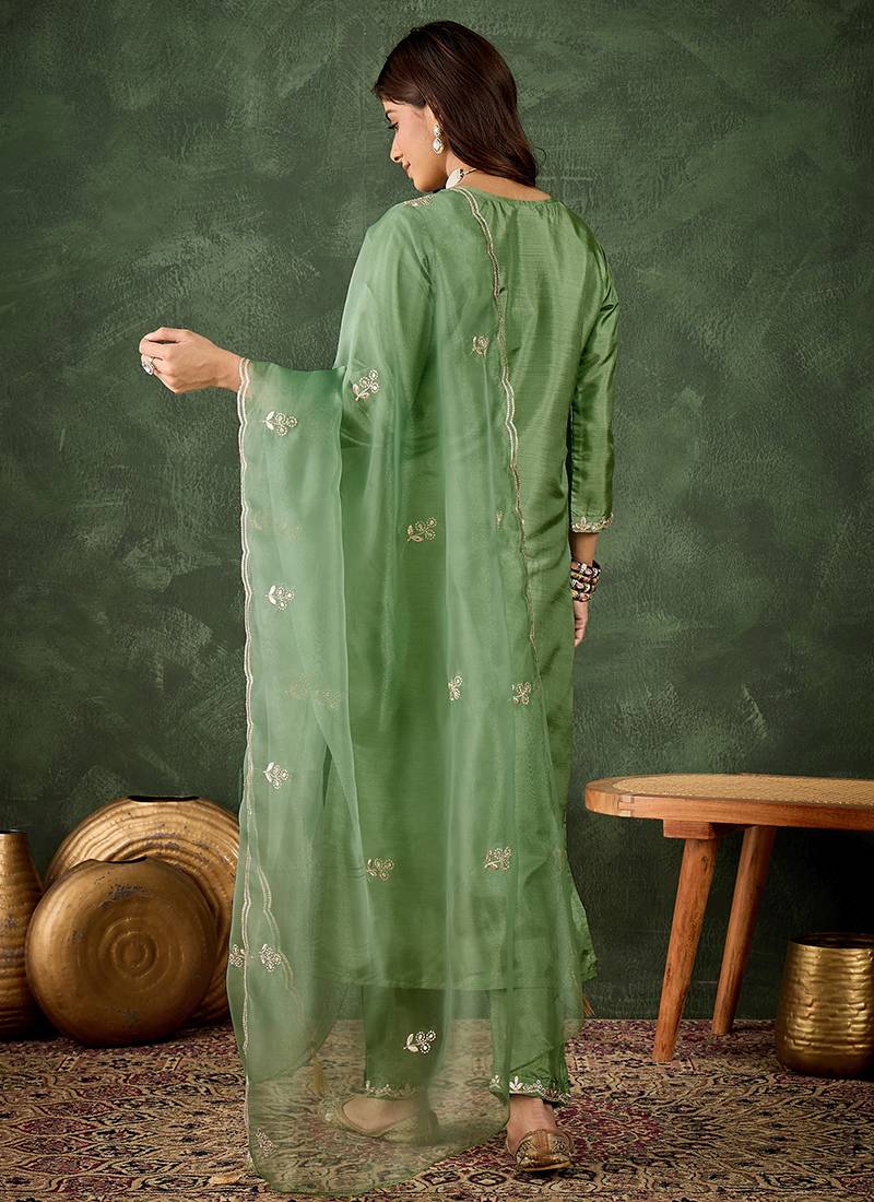 Silk blend pista casual wear embroidery work kurta set