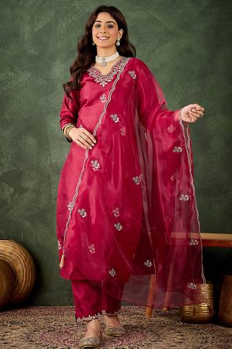 Silk blend cherry casual wear embroidery work kurta set
