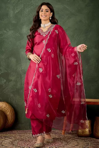 Silk blend cherry casual wear embroidery work kurta set