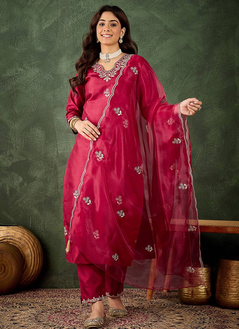 Silk blend cherry casual wear embroidery work kurta set