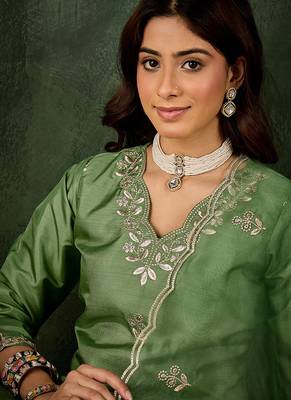 Silk blend pista casual wear embroidery work kurta set 4