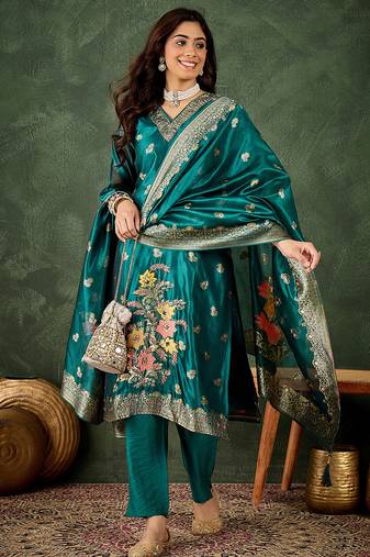 Organza silk rama wedding wear meenakari work kurta set