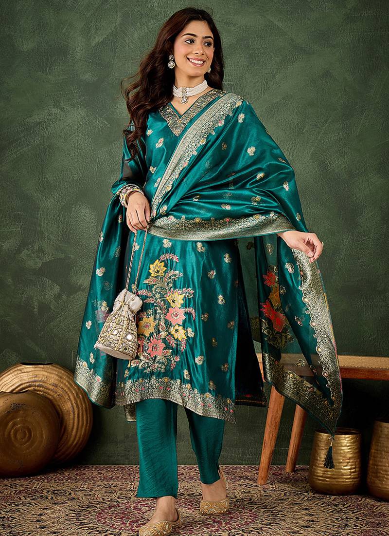 Organza silk rama wedding wear meenakari work kurta set