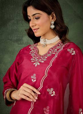 Silk blend cherry casual wear embroidery work kurta set 3