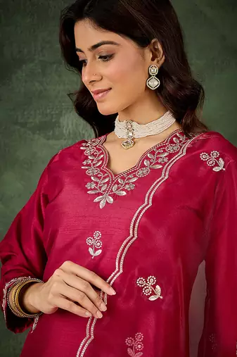 Silk blend cherry casual wear embroidery work kurta set
