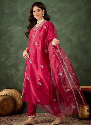 Silk blend cherry casual wear embroidery work kurta set 4