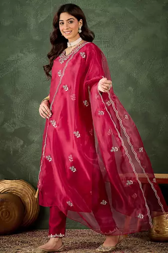 Silk blend cherry casual wear embroidery work kurta set