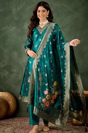 Organza silk rama wedding wear meenakari work kurta set