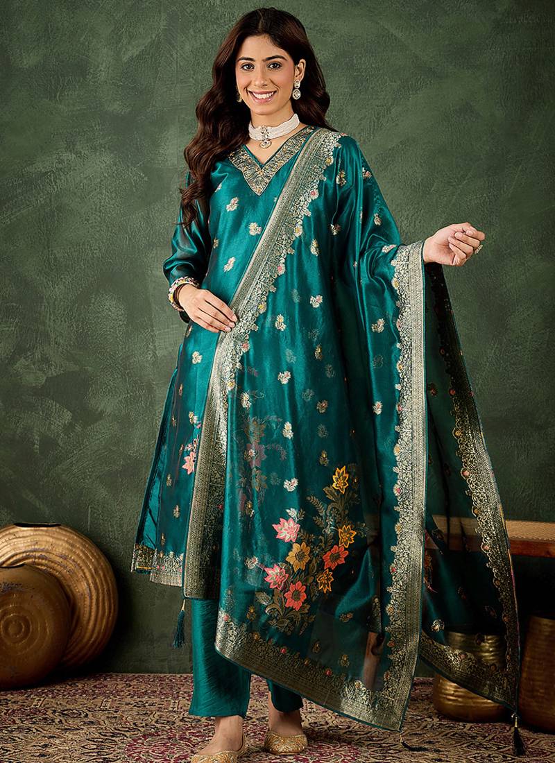 Organza silk rama wedding wear meenakari work kurta set