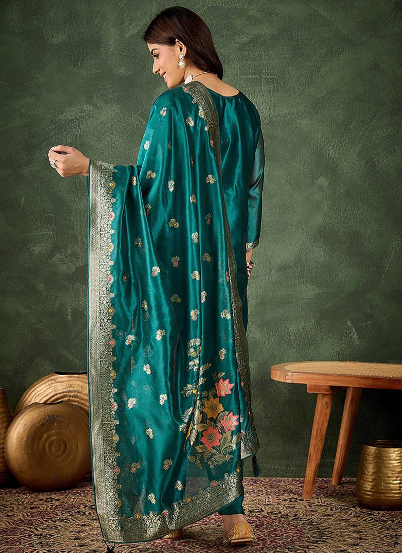Organza silk rama wedding wear meenakari work kurta set