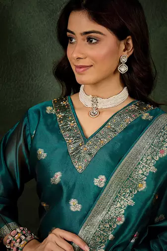 Organza silk rama wedding wear meenakari work kurta set