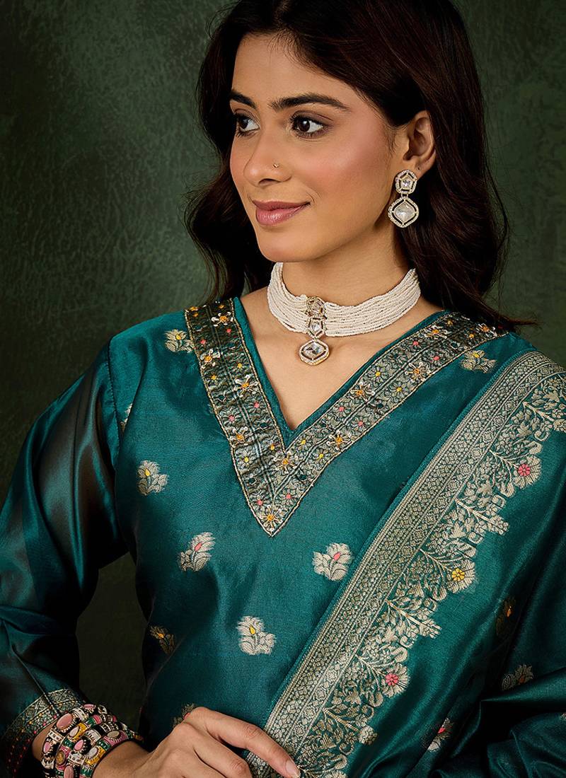 Organza silk rama wedding wear meenakari work kurta set